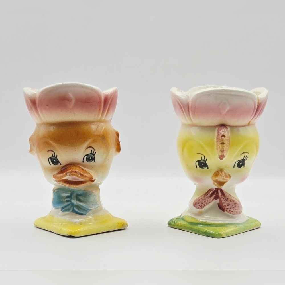 Vintage Japan Anthropomorphic Duck Chick Egg Cups Planters 1950s Kitsch Pair